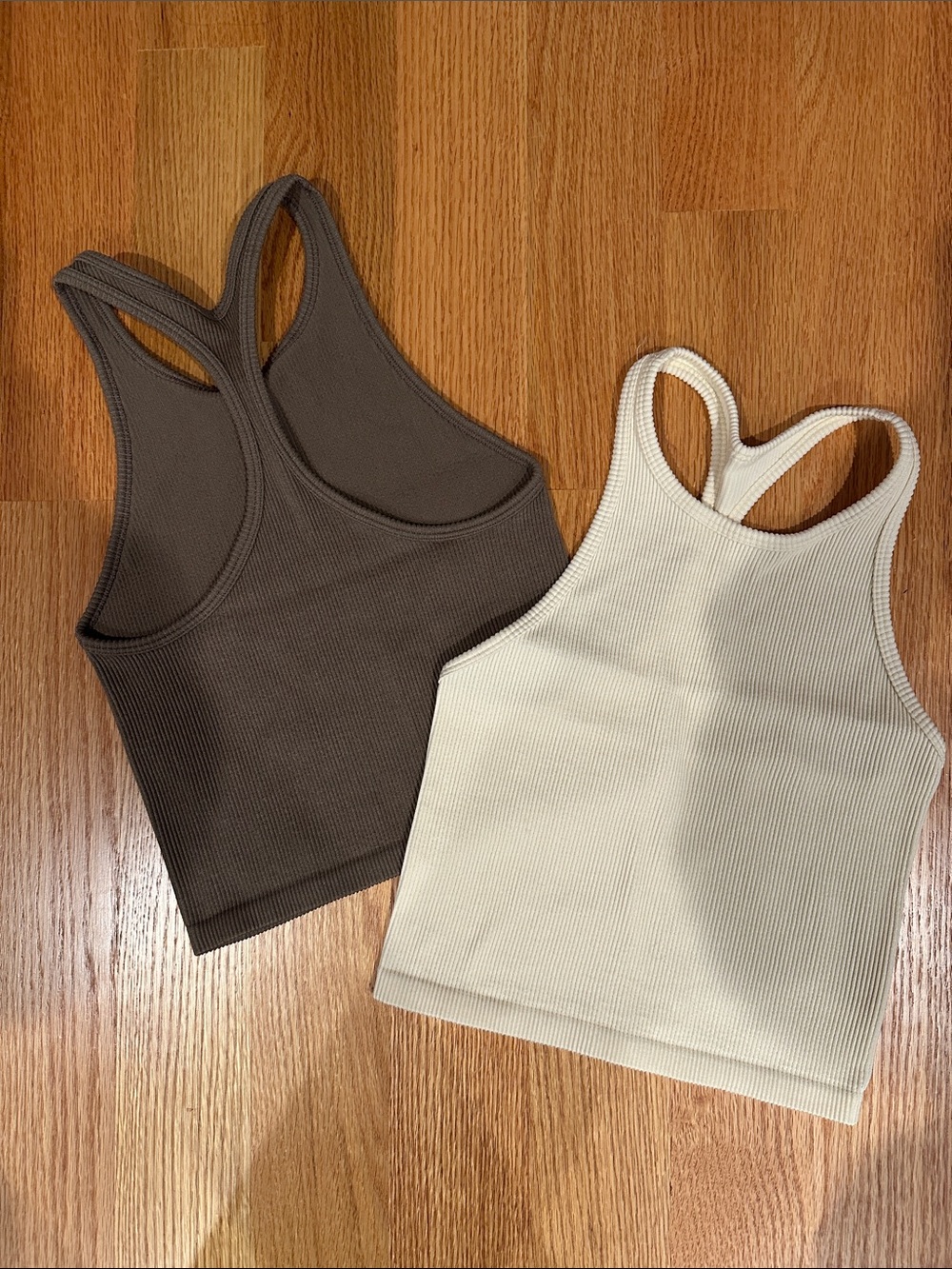 Pair of Ribbed Racerback Crop Tanks - Race Length - Cream & Brown - XS/S